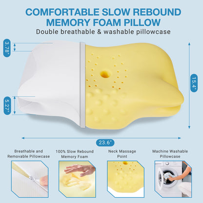 Cervical Pillow for Neck Pain Relief, Hollow Design Odorless Memory Foam Pillows with Cooling Case, Adjustable Orthopedic Bed Pillow for Sleeping, Contour Support for Side Back Sleepers