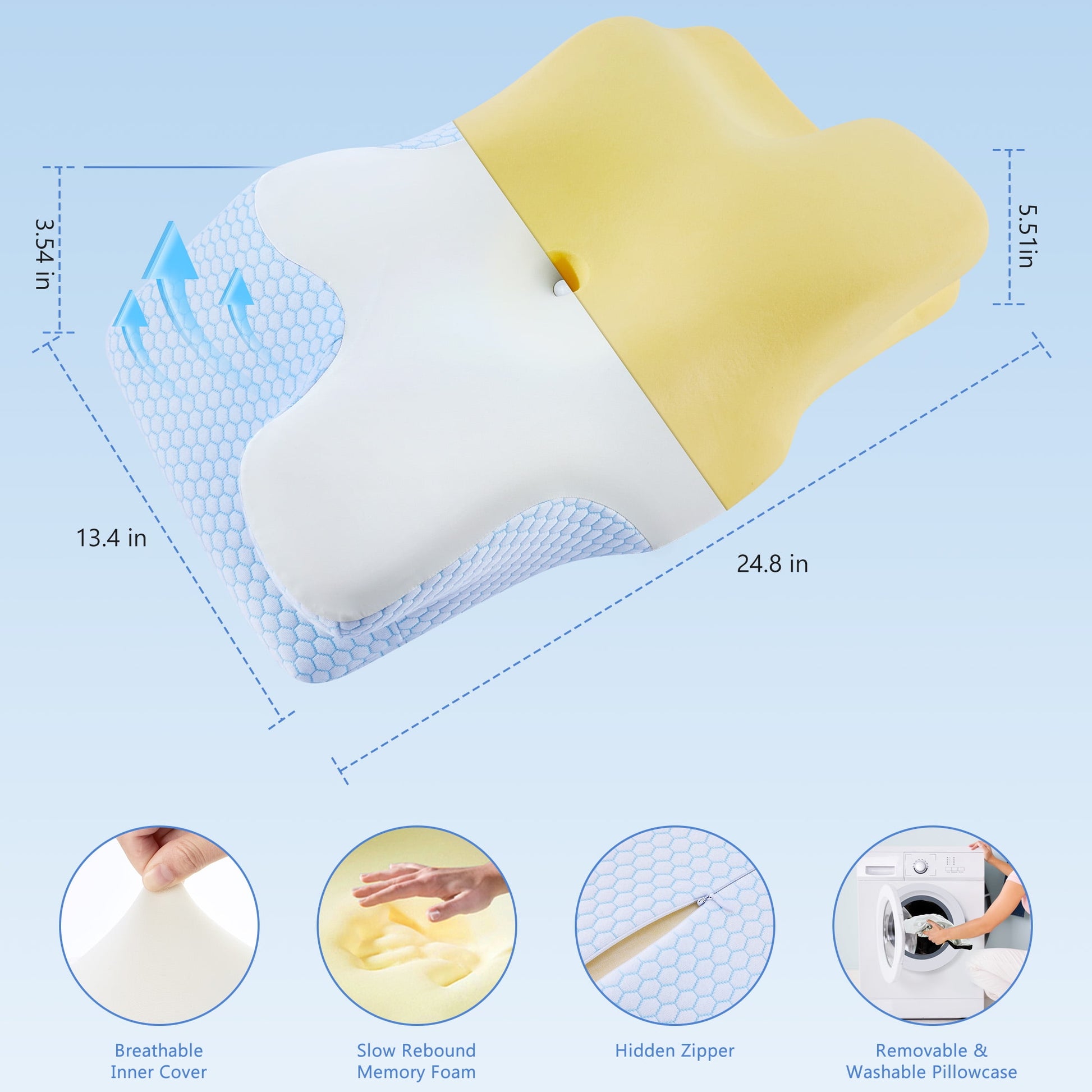 Cervical Pillow for Neck Pain Relief Memory Foam Pillows with Case Ergonomic Orthopedic Bed Pillow for Sleeping Contour Support for Side Back Stomach Sleepers Blue 24.8×13.4×5.1In