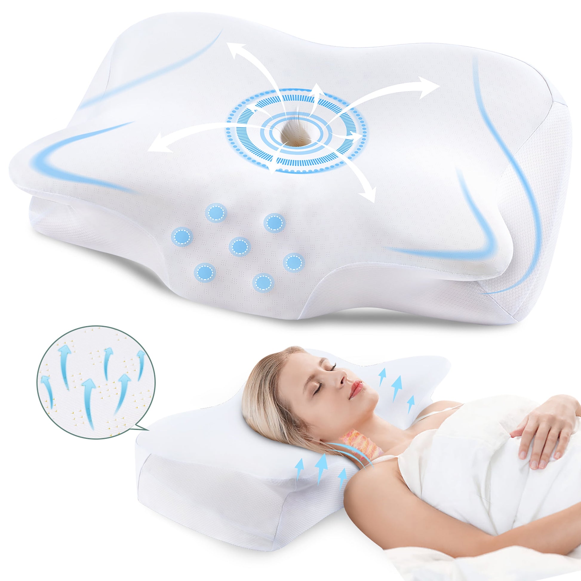 Cervical Pillow for Neck Pain Relief, Hollow Design Odorless Memory Foam Pillows with Cooling Case, Adjustable Orthopedic Bed Pillow for Sleeping, Contour Support for Side Back Sleepers