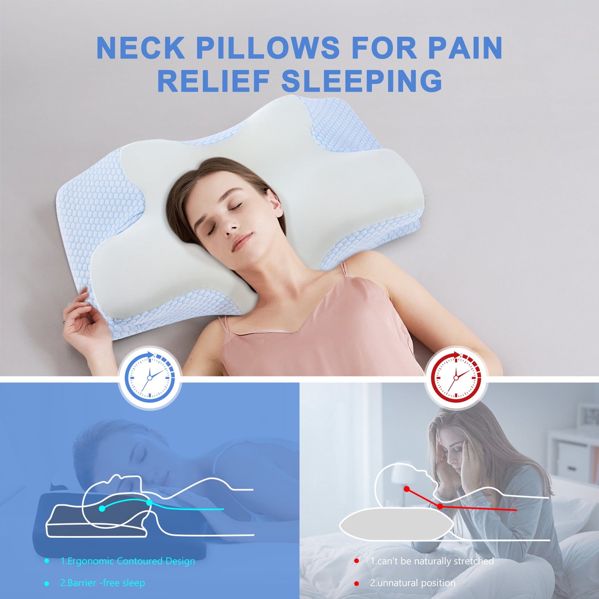 Cervical Pillow for Neck Pain Relief Memory Foam Pillows with Case Ergonomic Orthopedic Bed Pillow for Sleeping Contour Support for Side Back Stomach Sleepers Blue 24.8×13.4×5.1In