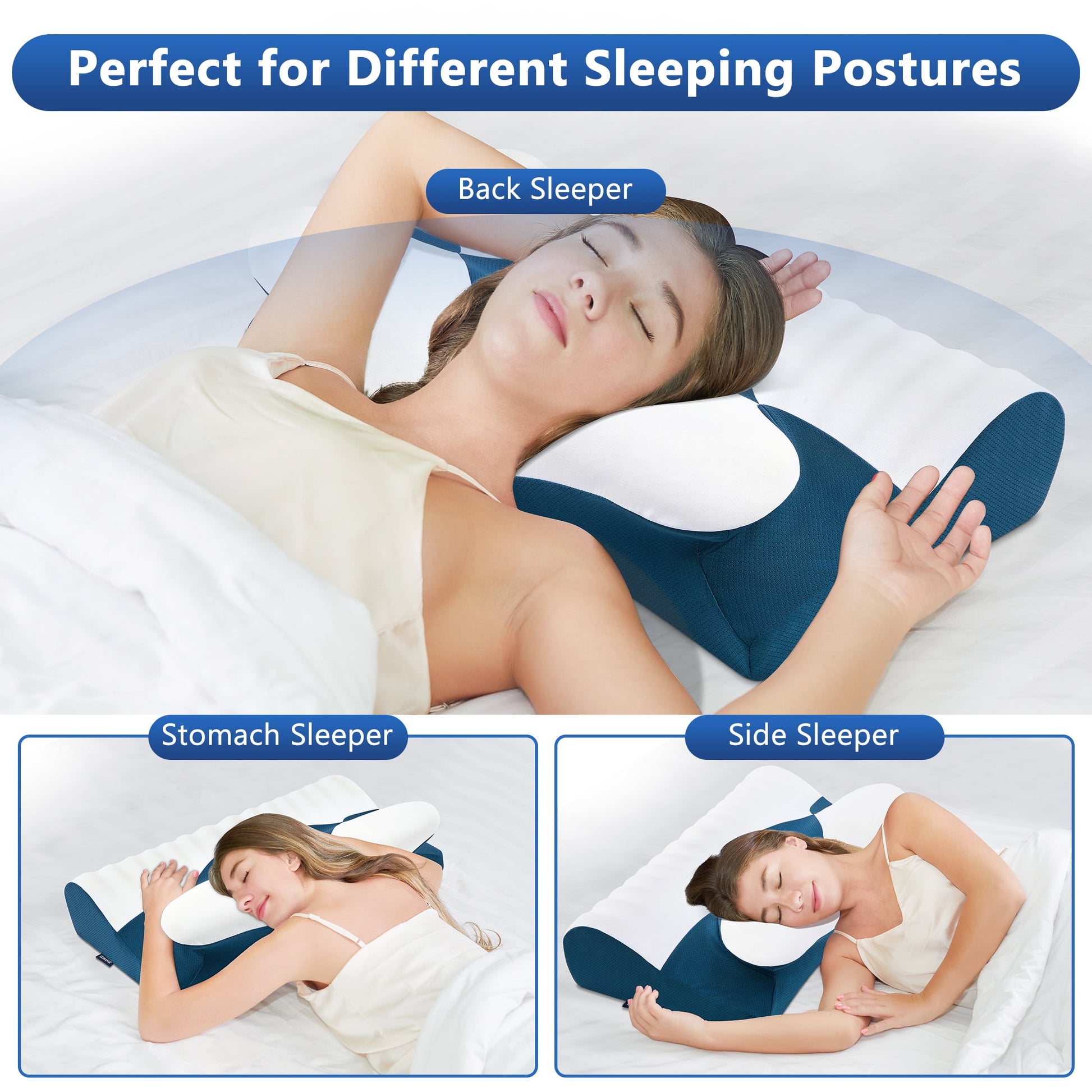 Cervical Neck Pillow for Pain Relief Sleeping,Memory Foam Pillow with Breathable Pillowcase,Orthopedic Ergonomic Contoured Support for Side,Back and Stomach,Queen Size 23.62"×14.17"×4.72" Blue