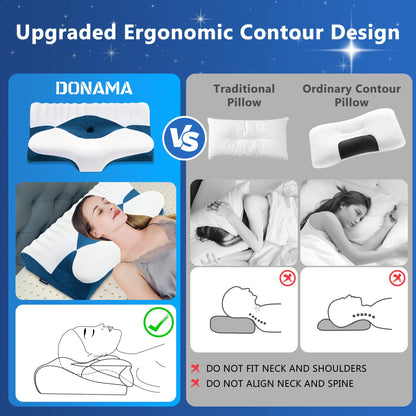 Cervical Neck Pillow for Pain Relief Sleeping,Memory Foam Pillow with Breathable Pillowcase,Orthopedic Ergonomic Contoured Support for Side,Back and Stomach,Queen Size 23.62"×14.17"×4.72" Blue